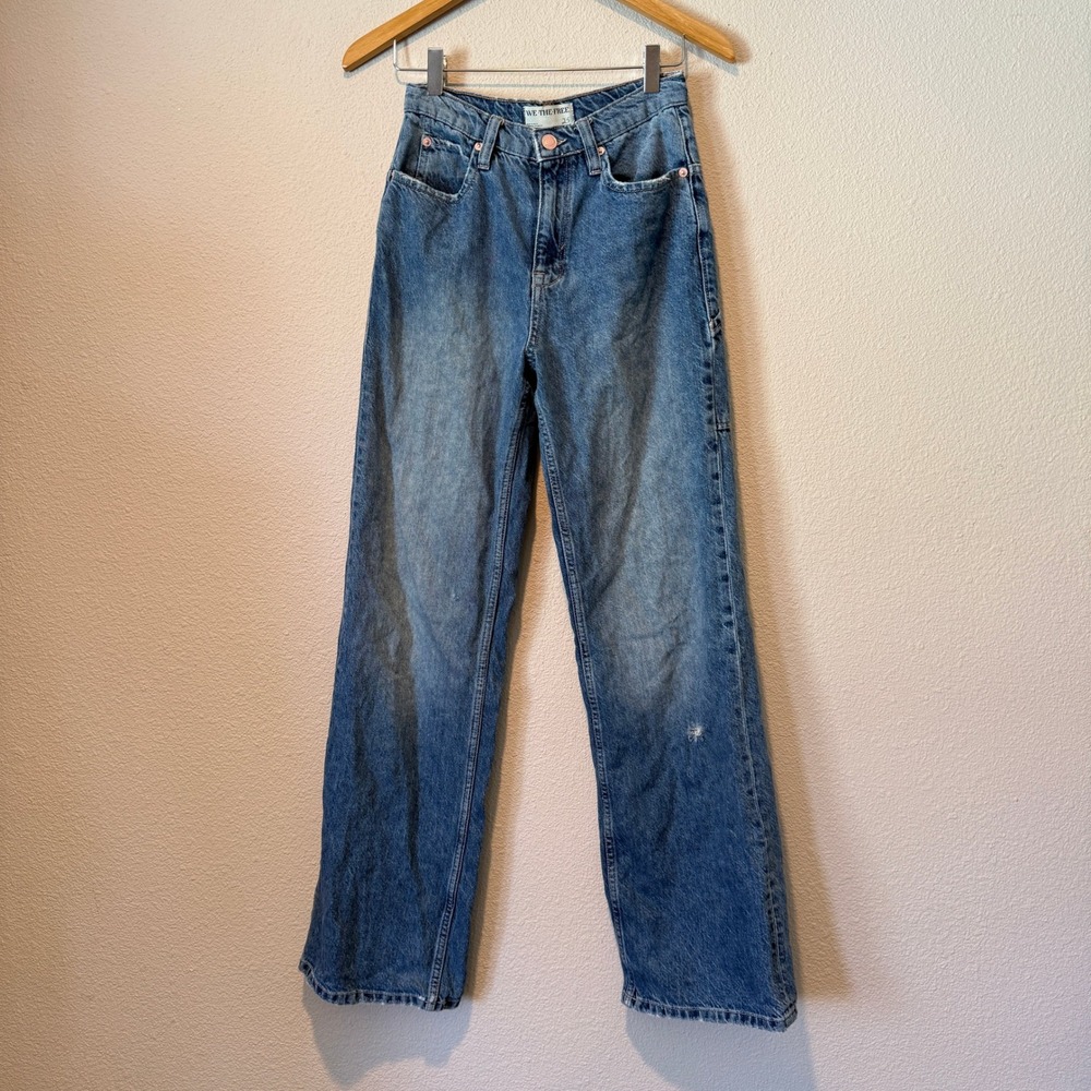 We The Free Free People Women 25 Blue Carpenter Wide Leg High Rise Utility Jeans